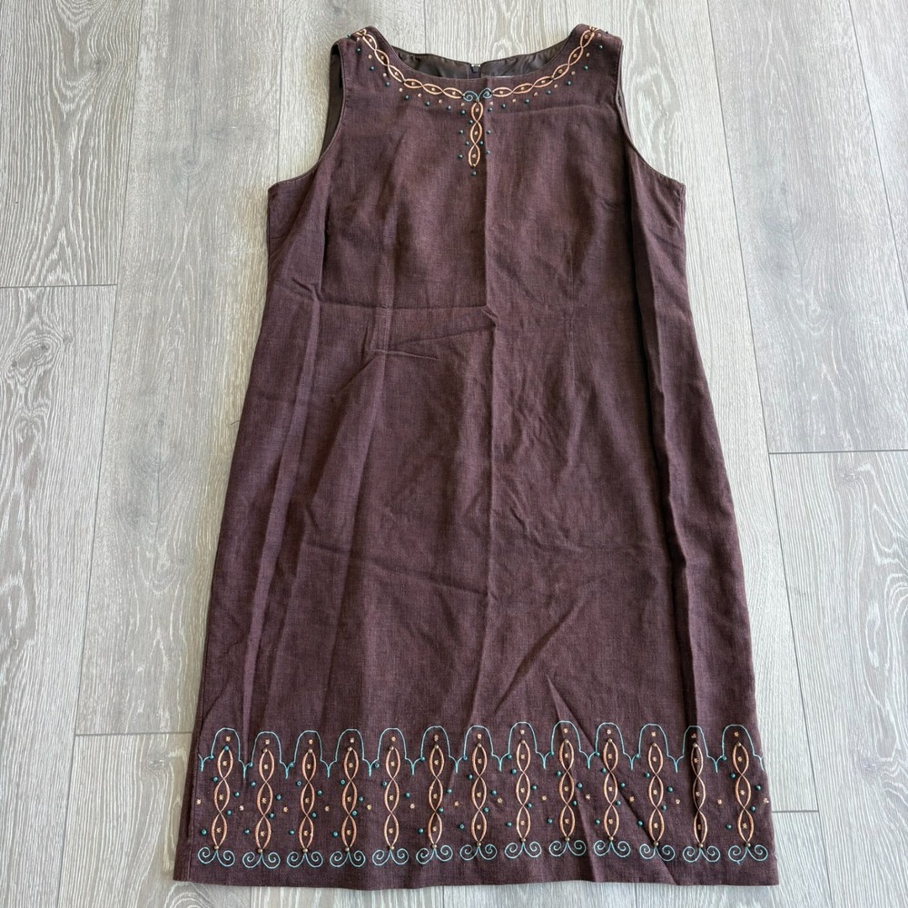 Sag Harbor Womens Chocolate Brown Linen Embellished Sleeveless Dress Size 18